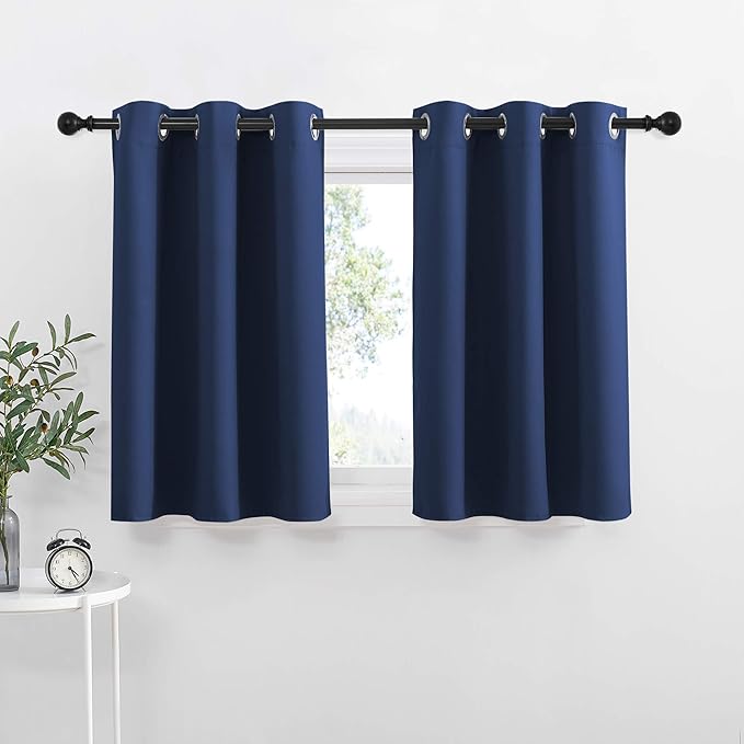 NICETOWN Blackout Kitchen Curtains and Draperies - Navy Half Window Treatment Short Curtain Panels with Grommet-Top Design for Kitchen/Bathroom/Cafe, 42W x 36L.2 inches Header, 2 Panels