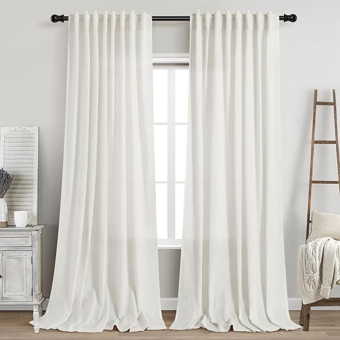 Nanspring Beige White Linen Curtains 90 Inches Long for Living Room 2 Panels Set Semi Sheer Vertical Curtains Back Tab Rod Pocket Coastal Room Decor Privacy Curtain for Bedroom/Dinner Room 60x90