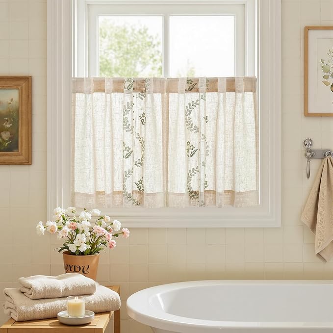 jinchan Belrose Linen Floral Kitchen Curtains 24 inch Length Embroidered Farmhouse Cafe Curtains for Living Room Bathroom Small Windows Curtain Set Sheer Light Filtering 2 Panels Sage Green