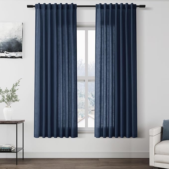 Denim Blue Linen Curtains for Living Room 63 Inches Long 2 Panel Set Light Filtering Linen Drapes for Kitchen Windows Rod Pocket Back Tab Short See Through Curtain Country Farmhouse Decor 52x63