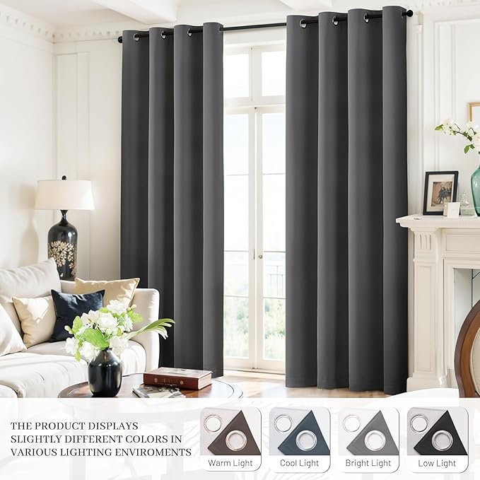 Yakamok Room Darkening 100% Blackout Curtains Grommet Window Treatments with 2 Thick Layers-Charcoal Grey Thermal Insulated Drapes Set of 2 Panels for Bedroom Living Room 52 Inches by 96 Inches Length