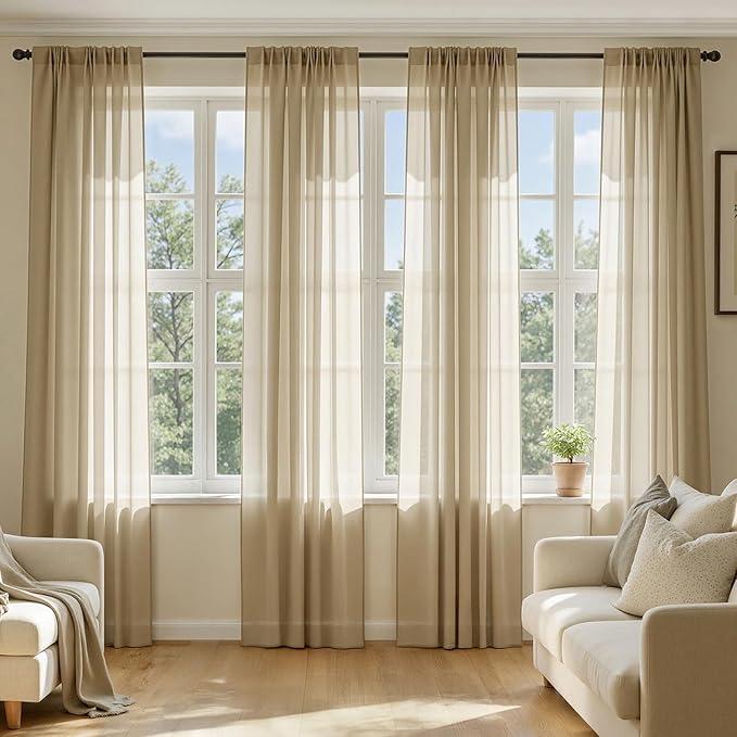 MIULEE Beige Sheer Curtains 72 Inches Long, 4 Panels Set, Rod Pocket Voile Drapes Light Filtering and Semi Transparent, Elegant Window Treatments for Bedroom Living Room,42 x 72 Inches