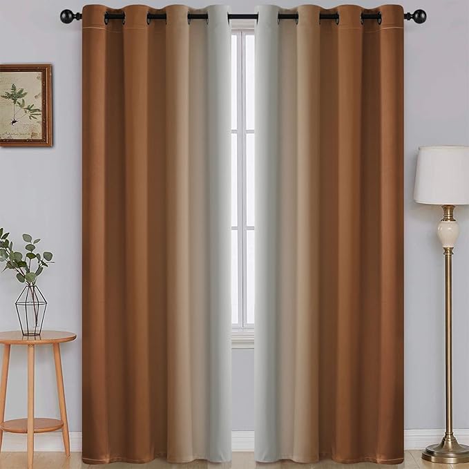SimpleHome Ombre Room Darkening Curtains for Bedroom, Gradient Burnt Orange to Grey White Light Blocking Thermal Insulated Grommet Window Curtain/Drapes for Living Room,2 Panels, 52x63 inches Length