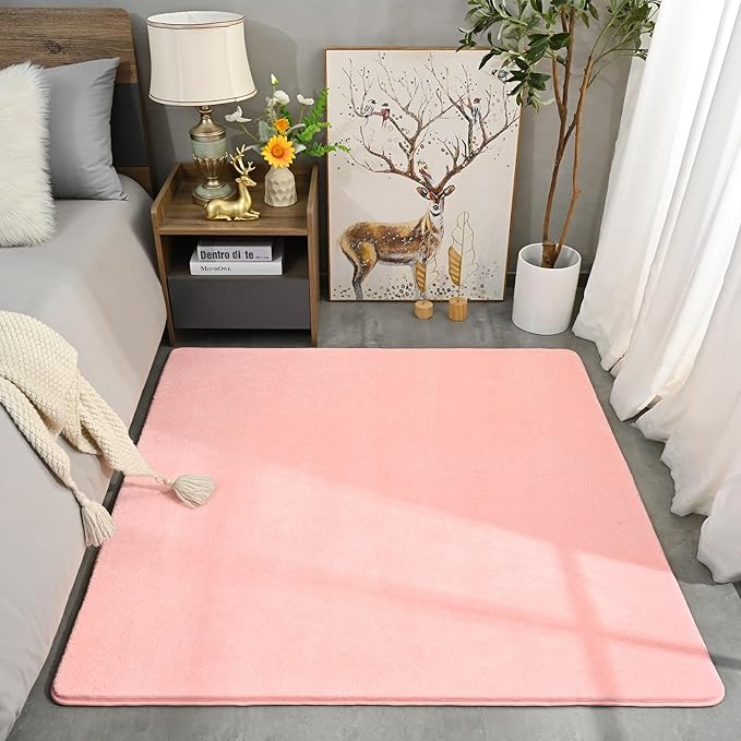 Amearea 4x4 Square Area Rugs for Bedroom Living Room, Modern Pink Thickened Memory Foam Rug, Fluffy Indoor Washable Rug Non Slip Minimalist Carpet for Entryway Kids Boys Girls Dorm Nursery Room Decor