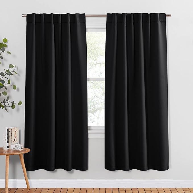 Pony Dance Blackout Curtains Thermal Insulated Window Treatment Panels Room Darkening Shade Drapes for Living Room Back Tab/Rod Pocket Bedroom Draperies, 55 x 68 Inch, Black, 2 Panels
