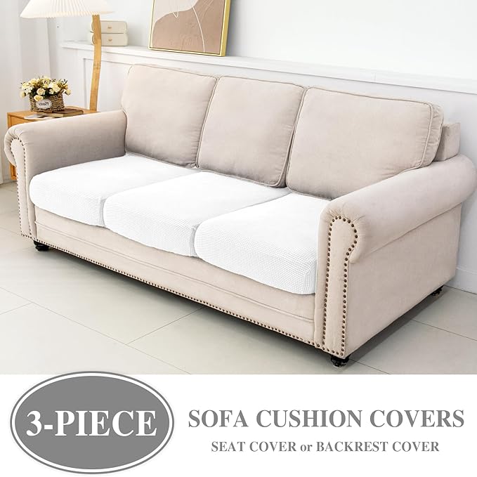 Couch Cushion Covers Seat Cushion Cover Stretch Couch Cover Separate Sectional Sofa Slipcovers Furniture Protector(3 Pieces for Seat or Sofa Backrest, White)