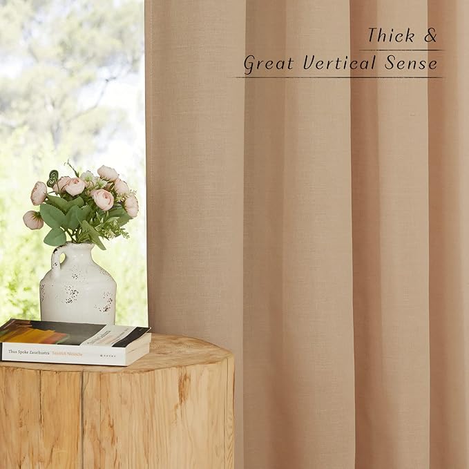 NICETOWN Thick Linen Blend Curtains Flax Textured for Bedroom, Rustic Grommet Semi Sheer Privacy Added Window Curtains & Drapes Light Filtering for Nursery, Camel, W42 x L63, Set of 2