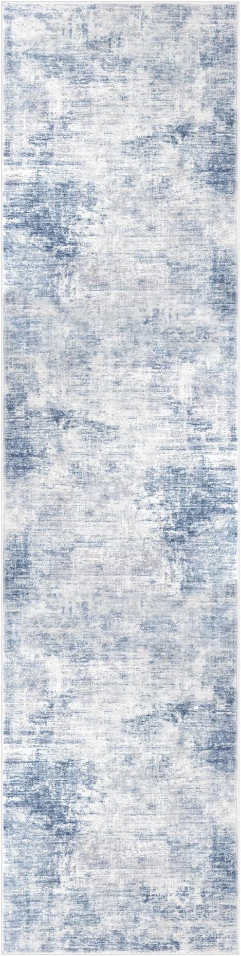IOHOUZE Abstract Runner Rug 3x12 Ft Washable Runners for Hallways, Non Slip Kitchen Runner Printed Faux Wool Entryway Runner Indoor, Modern Abstract Floor Carpet for Hall Kitchen, Light Blue Grey