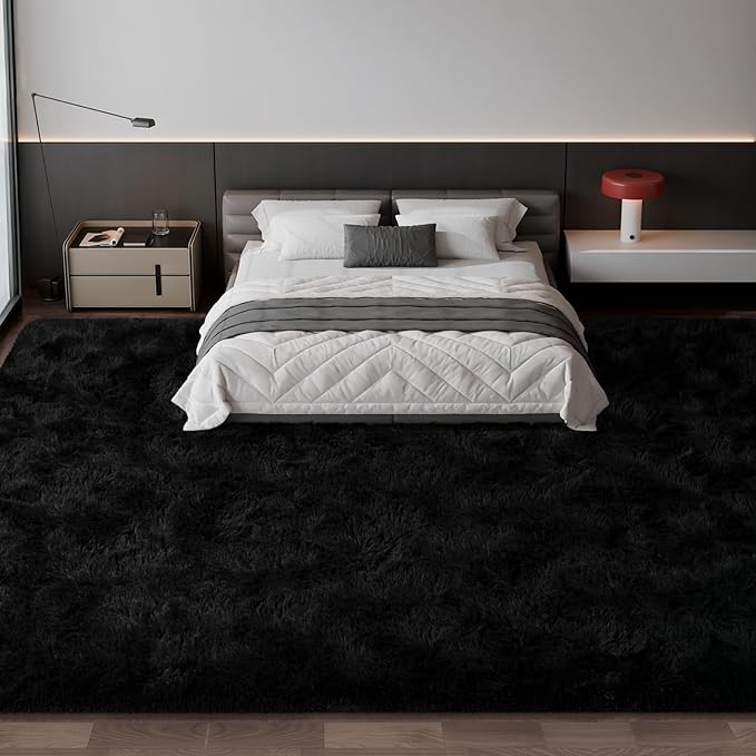 Large Shag Area Rugs 10 x 14, Tie-Dyed Plush Fuzzy Rug for Living Room, Ultra Soft Fluffy Furry Rugs for Bedroom, Anti-Skid Indoor Carpet Nursery Rugs for Kids Room Home Decor, Black