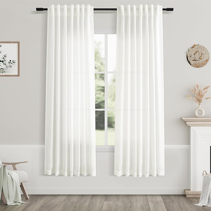 Nanspring Ivory Semi Sheer Curtains 72 Inches Long 2 Panels Set for Bedroom Back Tab Rod Pocket Light Filtering Privacy Drapes Cotton Linen Textured Farmhouse Living Room Curtain 52X72 Inches