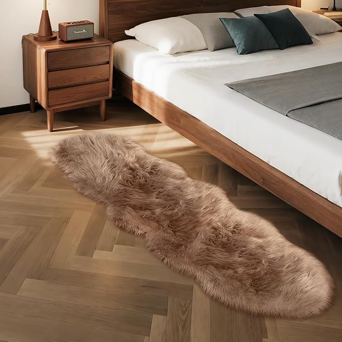 Goolela Faux Sheepskin Fur Runner Rug Light Brown Beige Fluffy Bedside Rug for Bedroom 2x6 Furry Fuzzy Rug Runner Washable Playroom Office Sheepskin