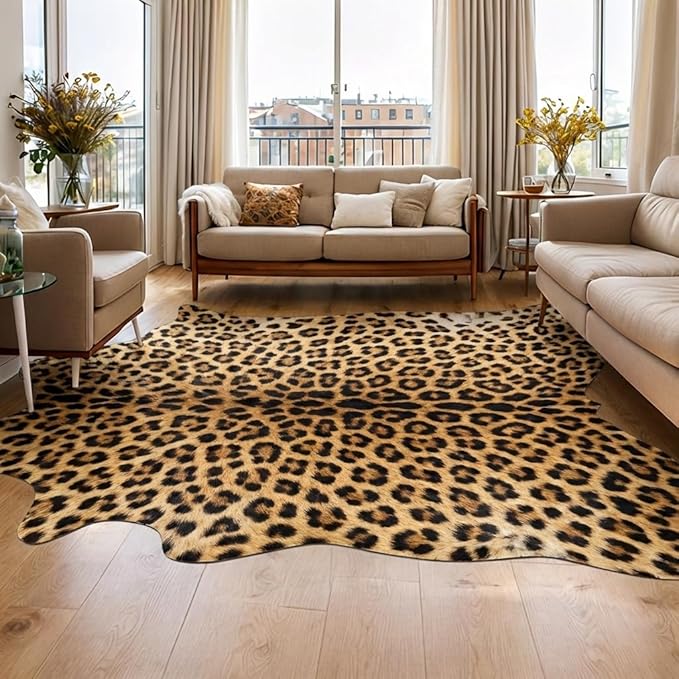 AROGAN Western Decor Faux Fur Leopard Rug, 4.6 x 5.2 Feet Premium Animal Skin Leopard Hide Rug, Sturdy Cheetah Print Rugs for Wall Decor, Western Floor Carpet for Bedroom Living Room, Black and Gold