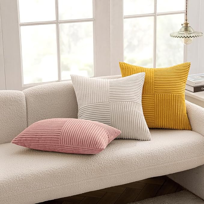 MIULEE Blush Pink Decorative Throw Pillow Covers 18x18 Inch for Couch Bed Sofa Valentines Day Pack of 2 Boho Farmhouse Throw Pillows Soft Cross Corduroy Patchwork Textured Cushion Cases