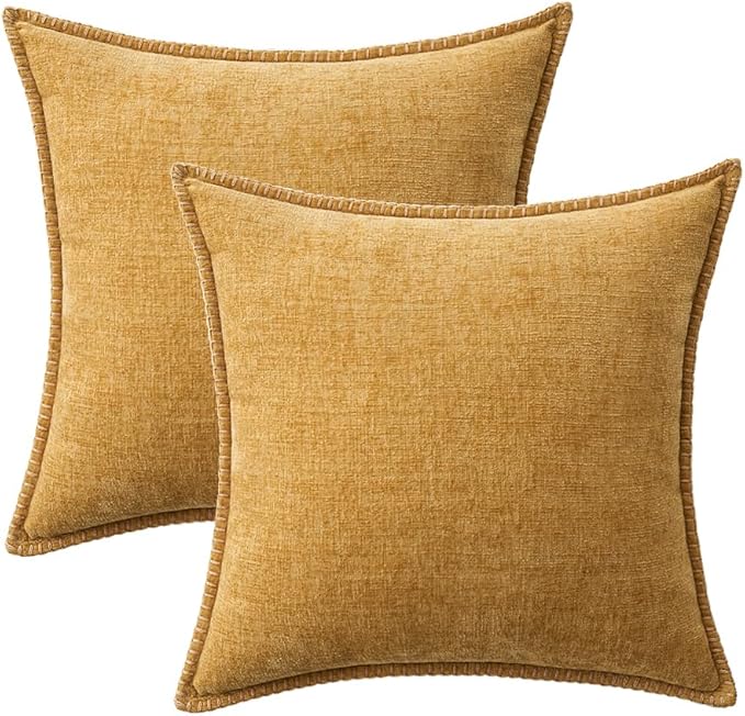 MIULEE Pack of 2 Couch Throw Pillow Covers 20x20 Inch Gold Farmhouse Decorative Pillow Covers with Stitched Edge Soft Chenille Solid Dyed Fall Pillow Covers for Sofa Bed Living Room