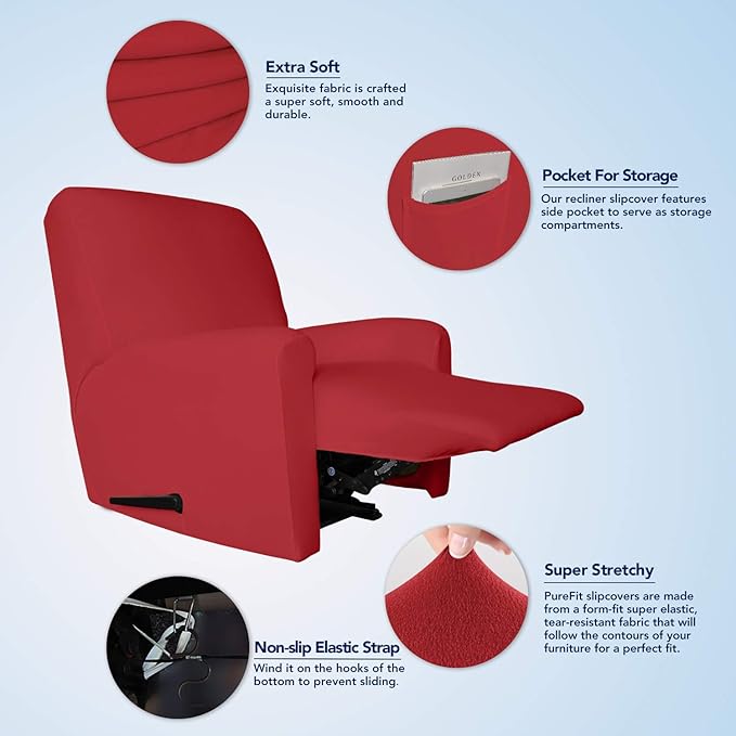 PureFit Super Stretch Chair Sofa Slipcover with Pocket – Spandex Non Slip Soft Couch Sofa Cover, Washable Furniture Protector with Elastic Bottom for Kids, Pets （Recliner, Red）