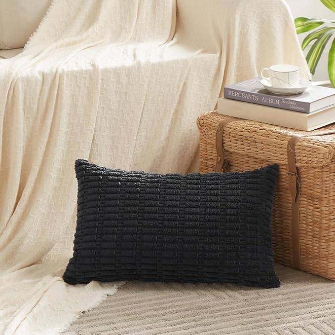 Fancy Homi 4 Packs Boho Black Decorative Throw Pillow Covers 12x20 Inch for Living Room Couch Bed Sofa, Rustic Modern Farmhouse Home Decor, Soft Plush Corduroy Cute Square Cushion Case 30x50 cm