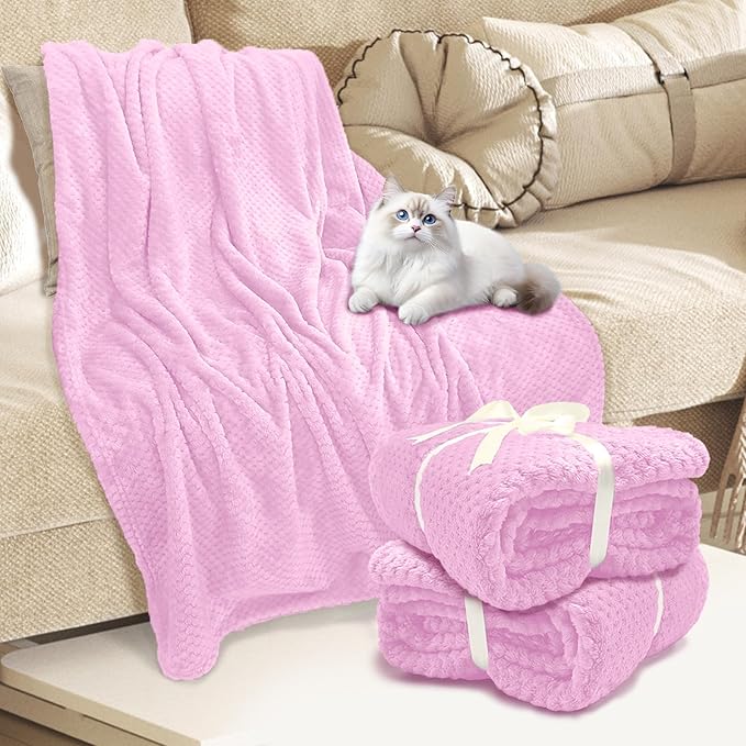 4 Pack Fleece Throw Blankets 50x60 Inches - Oeko-Tex Certified 100, 270 GSM Ultra Soft Plush for Bed, Couch and Cozy Gifts. 3D Waffle Texture, No Shedding No Pilling All Season (Pink)