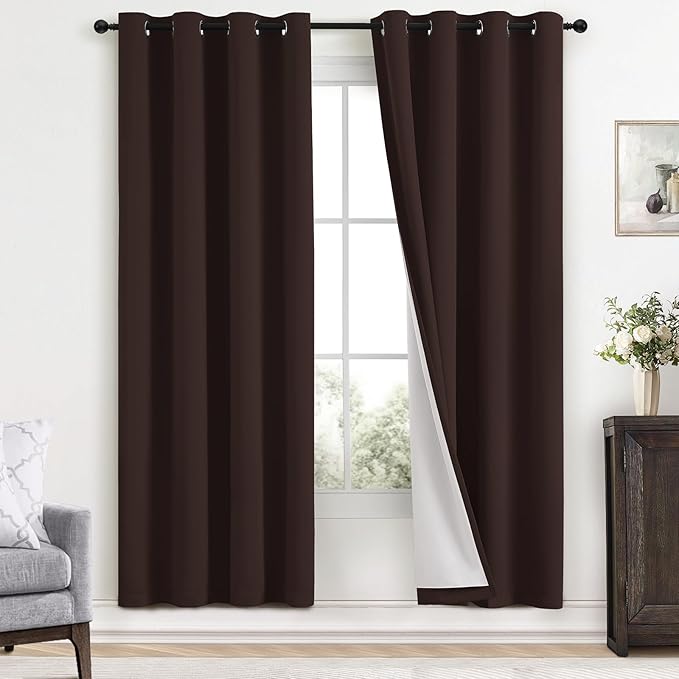 Yakamok Room Darkening 100% Blackout Curtains Grommet Window Treatments with 2 Thick Layers-Brown Thermal Insulated Drapes Set of 2 Panels for Bedroom Living Room 52 Inches by 72 Inches Length
