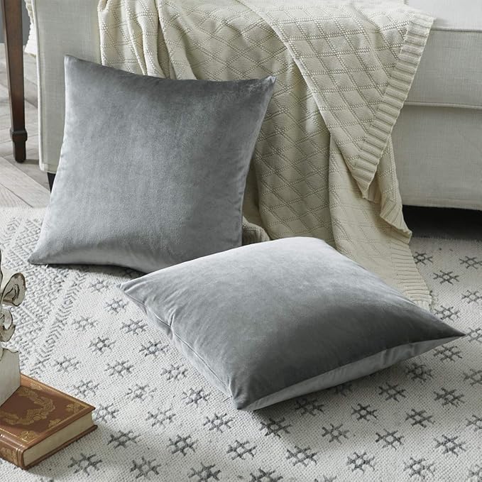 GIGIZAZA Dark Grey Pillow Covers 18x18,Velvet Square Throw Pillows Modern Covers Pack of 2 Decorative Pillows for Living Room Couch Sofa Luxury Solid Pillow Cases