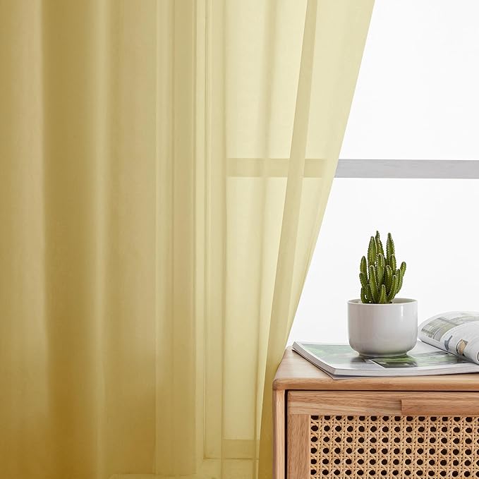 Simplebrand Yellow Short Sheer Kitchen Cafe Curtains 36 x 42 Inch, 2 Panels - Tier Curtains Rod Pocket Drapes for Bathroom, Small Windows