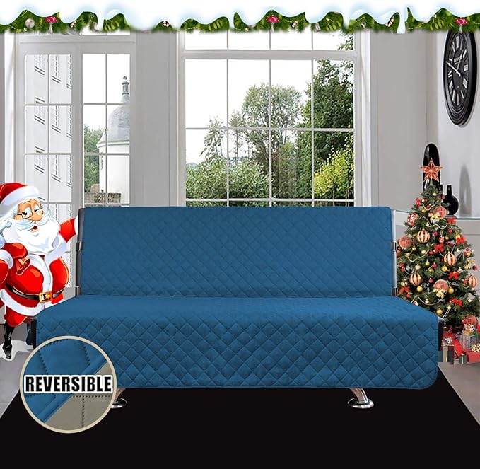 Easy-Going Futon Sofa Slipcover Reversible Sofa Cover Armless Cover Furniture Protector Couch Cover Water Resistant Pets, Kids, Children, Dog, Cat PeacockBlue/Beige