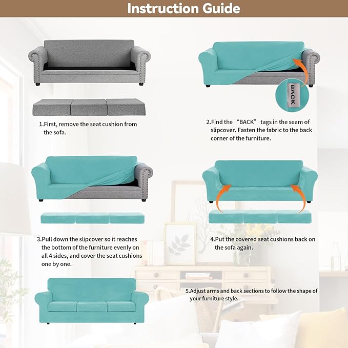 WEERRW 4 Pieces Velvet High Stretch Couch Covers for 3 Cushion Couch Sofa Slipcovers, Washable Furniture Protector with Non Slip Elastic Bottom, Feature Soft and Thick Plush Fabric, Aqua, Large