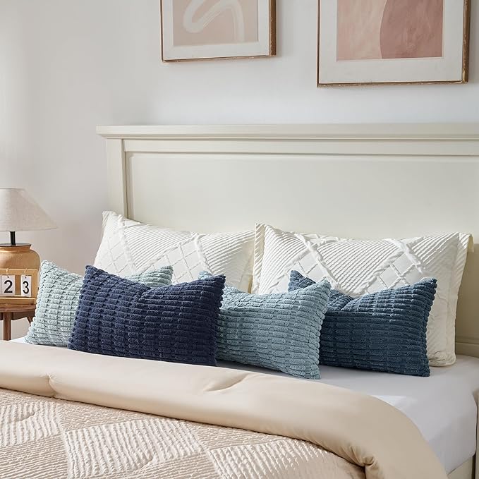 Fancy Homi Set of 4 Blue Lumbar Rectangle Decorative Throw Pillow Covers 16x24 Inch for Couch Bed Chair, Aesthetic Boho Room Decor, Soft Fuzzy Thick Corduroy Textured Coastal Blue Cushion Case 40x60cm