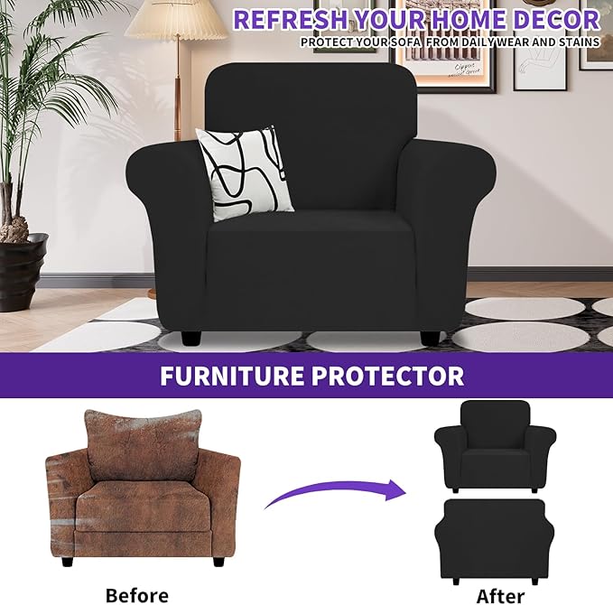 ZNSAYOTX Chair Cover with Arms (30"-47"), New Striped Sofa Chair Covers for Living Room, Dogs Pet Friendly Anti-Slip Chair Protector Spandex Armchair Slipcovers (Black, Chair)
