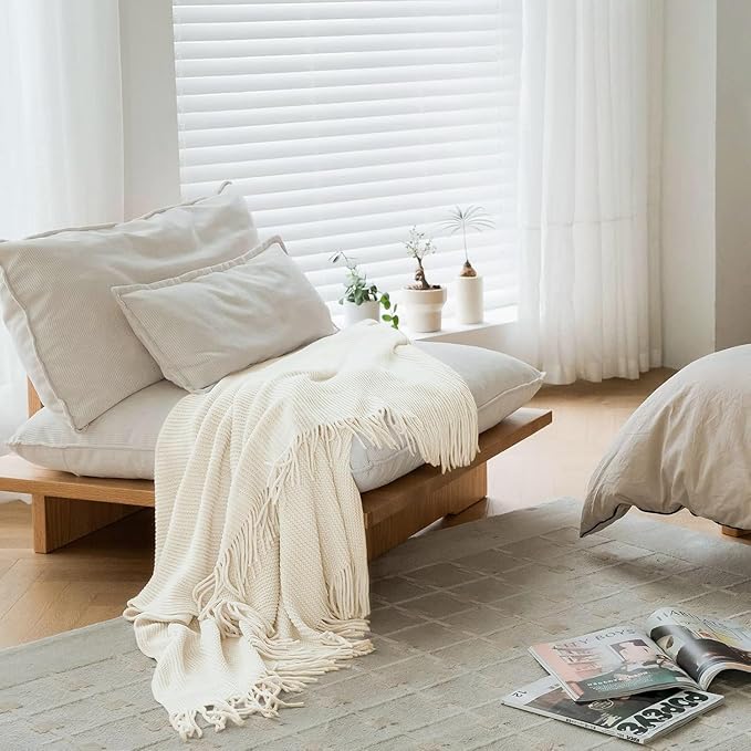 lifein Throw Blanket for Couch, Soft Boho Decor Bed Throw,Cozy Blue Chenille Knitted Small Farmhouse Lightweight Throw for All Season(Off White,50 * 60")