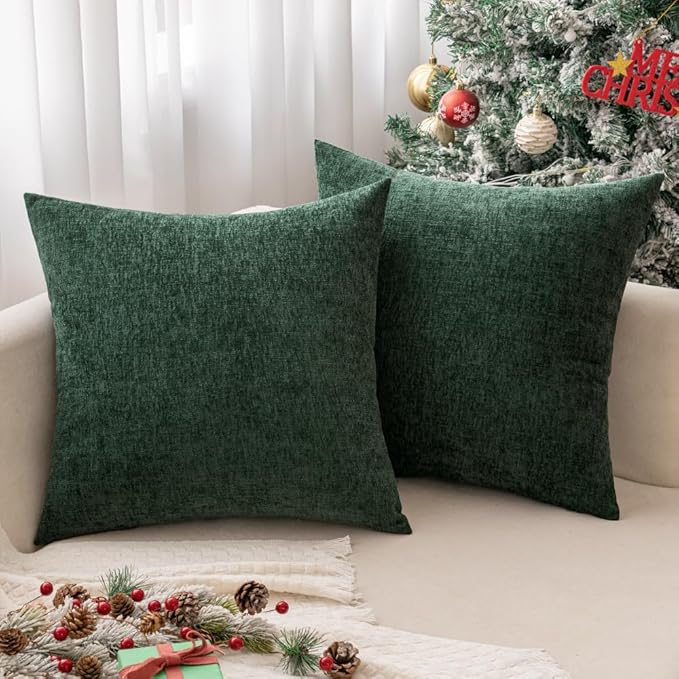 MIULEE Pack of 2 Green Throw Pillow Covers 16x16 Inch Soft Chenille Pillow Covers for Sofa Living Room Couch Solid Dyed Cases