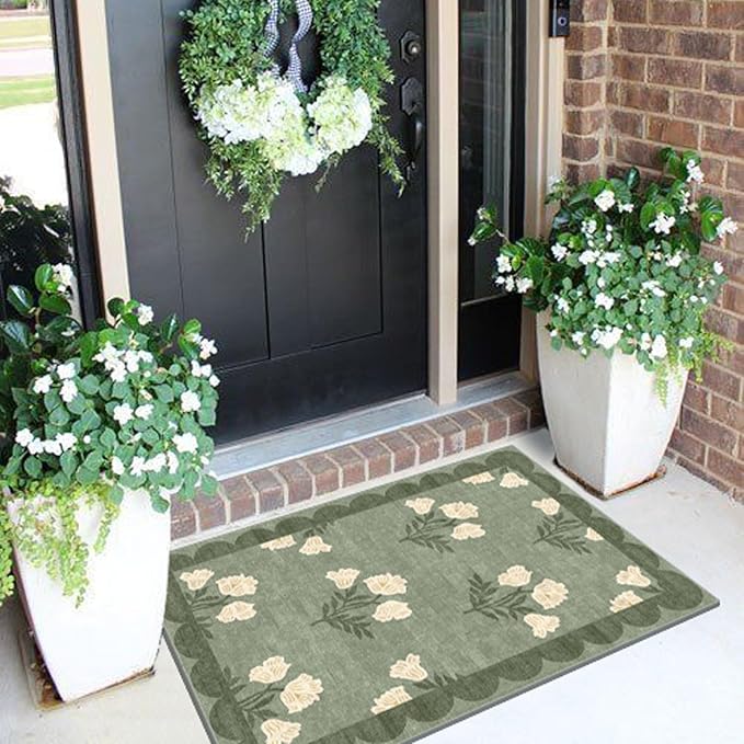 Front Door Mat Outside Entrance - 2x3 Floral Non-Slip Washable Doormat Indoor Outdoor Door Mat Spring Sage Green Floral Entry Rug Small Throw Rugs for Entryway Kitchen Front Porch Decor
