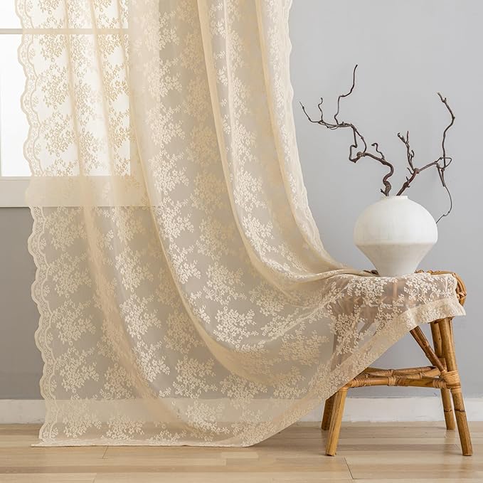 YJ YANJUN Vintage Lace Curtains 96 Inches Long-Victorian Floral Beige Sheer Curtains for Living Room Office Bedroom Light Filtering Embroidered Window Treatment Spring Summer Decor 8 FT 52Wx96L