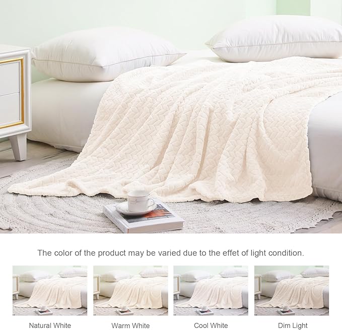 Exclusivo Mezcla Fleece Throw Blanket for Couch and Bed, 50x70 Inches Soft Cozy Jacquard Flannel Blankets, Lightweight Fuzzy Plush Warm Throws for Women, Off White