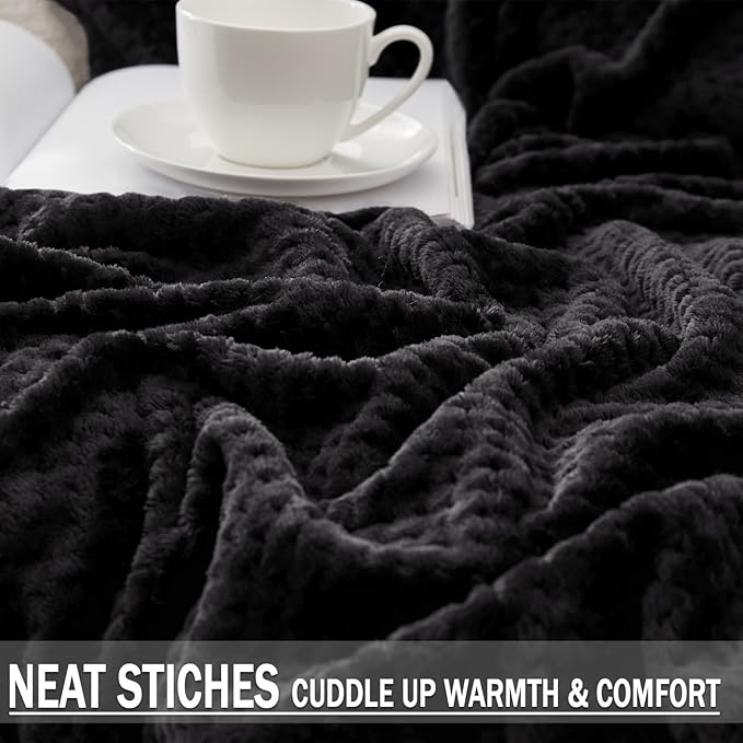 Exclusivo Mezcla Fleece Bed Blanket Twin Size, Super Soft and Warm Blankets for Couch, Sofa and Bed Waffle Textured, Cozy, Fuzzy and Lightweight (Black, 60x80 inches)