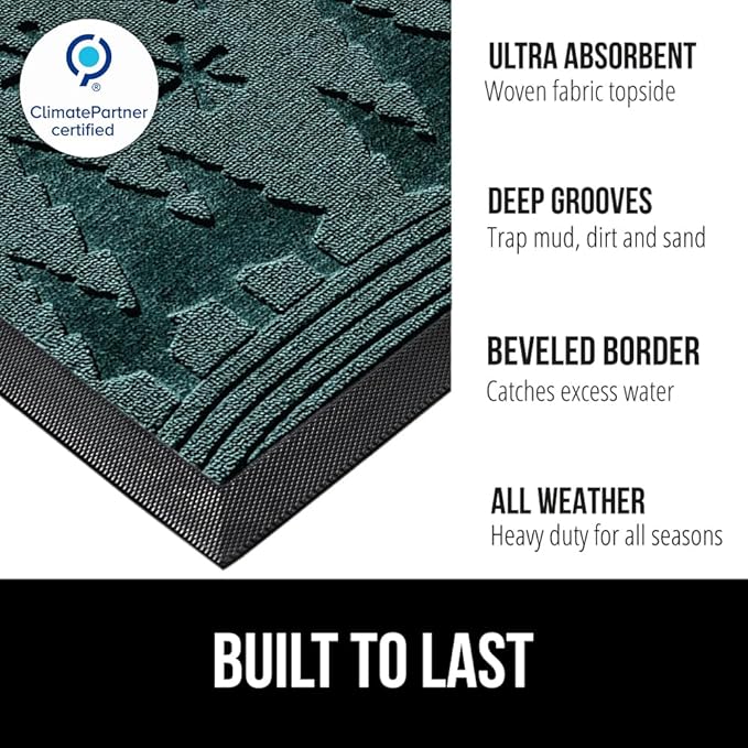 GORILLA GRIP 100% Waterproof All-Season WeatherMAX Doormat, US Designed Natural Rubber, Stain and Fade Resistant, Low Profile Indoor Outdoor Door Mats, Easy Clean Patio Mat, 29x17, Green Snowscape