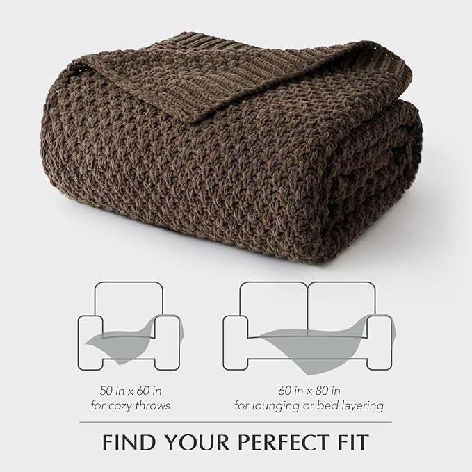 EVERGRACEHOME Chunky Chenille Knit Throw Blanket for Couch, Soft Luxurious Moss Stitch Blankets for Bed, Cozy Decorative Farmhouse Knitted Throws for Sofa, Cocoa Brown, 60" x 80"