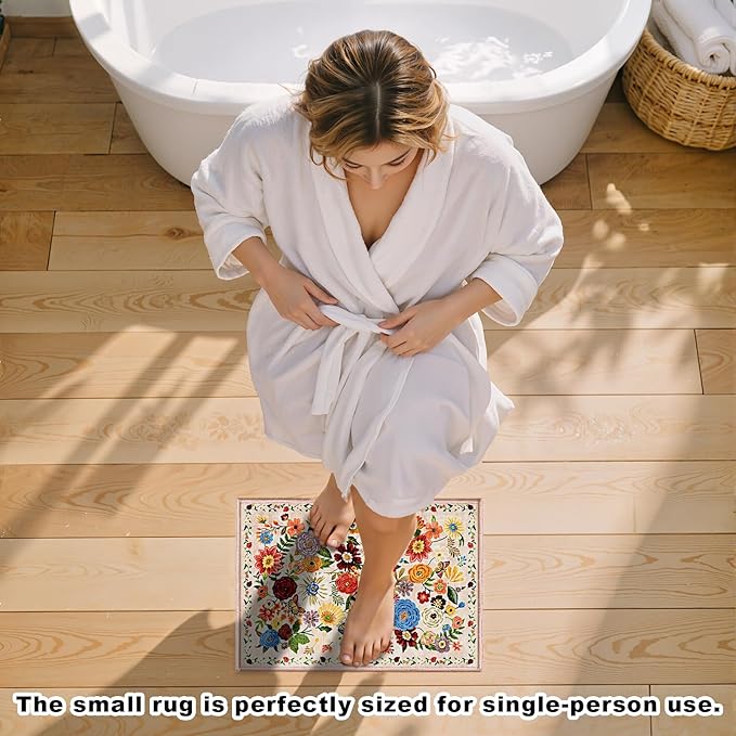 Area Rugs 24x17 Inch Home Decor Entry Rug, Small Door Mat Bath Mats for Bathroom, Ultra-Thin Non Slip Floral Rug Low Pile Tub Mat for Sink Shower Doorway Tub Kitchen Sink(2 x 1.4 ft, Beige)