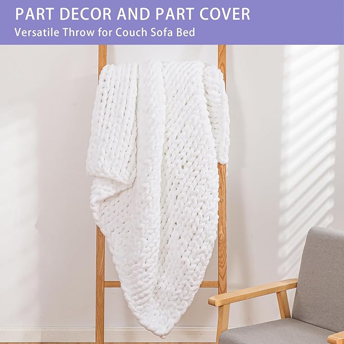Bigacogo Chunky Knit Throw Blanket for Couch, 40x80 inches, 100% Hand Knitted with Thick Jumbo Chenille Yarn, Cozy Soft Large Rope Knot Cable Crochet Blankets for Sofa Bed Living Room, White