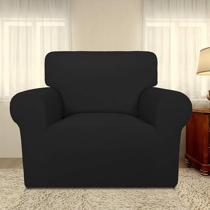 PureFit Super Stretch Chair Sofa Slipcover – Spandex Non Slip Soft Couch Sofa Cover, Washable Furniture Protector with Non Skid Foam and Elastic Bottom for Kids, Pets （Chair, Black）