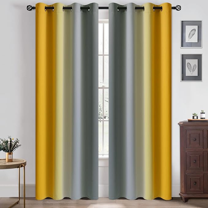 Yakamok Ombre Yellow and Grey Curtains for Bedroom, Gradient Room Darkening Curtains 84 inches long,Grommet Thermal Insulated Light Blocking Window Drapes/Curtain for Living Room,52 x 84 Inch,2 Panels