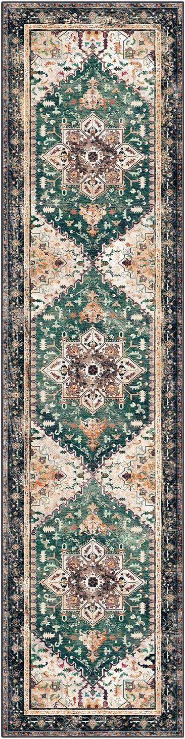 Yamaziot Washable Runner Rug, 2x8 Non-Slip Boho Vintage Hallway Rug Runner with Rubber Backing, Stain Resistant & Low Pile Faux Wool Distressed Carpet Runner for Kitchen, Laundry, Entrance, Turquoise