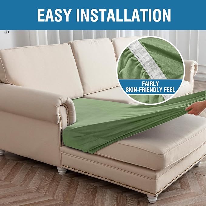 Couch Cover 4-Piece Elastic Velvet Couch Cushion Covers & Chaise Slipcovers for L-Shaped Sofas, Sofa Seat Covers Washable, Soft Cover for Couches (3 Seater + Chaise, Avocado Green)