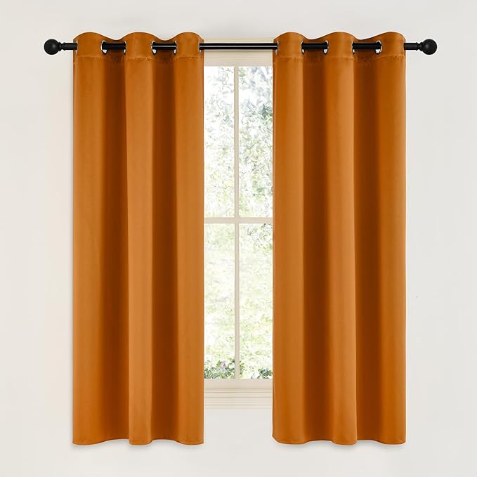 NICETOWN Room Darkening Cafe Satin Curtains for Small Windows, 42" Wide by 63" Long, 2 Panels, Orange, Grommet Privacy Faux Silk Blackout Drapes for Bedroom