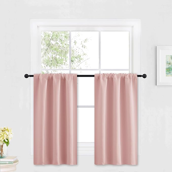 RYB HOME Blackout French Door Window Curtain Covering, Rod Pocket Thermal Insulated Privacy Non See Through Drapes for Bathroom Window, Width 29 by Length 45, Peach Blush, 2 Panels