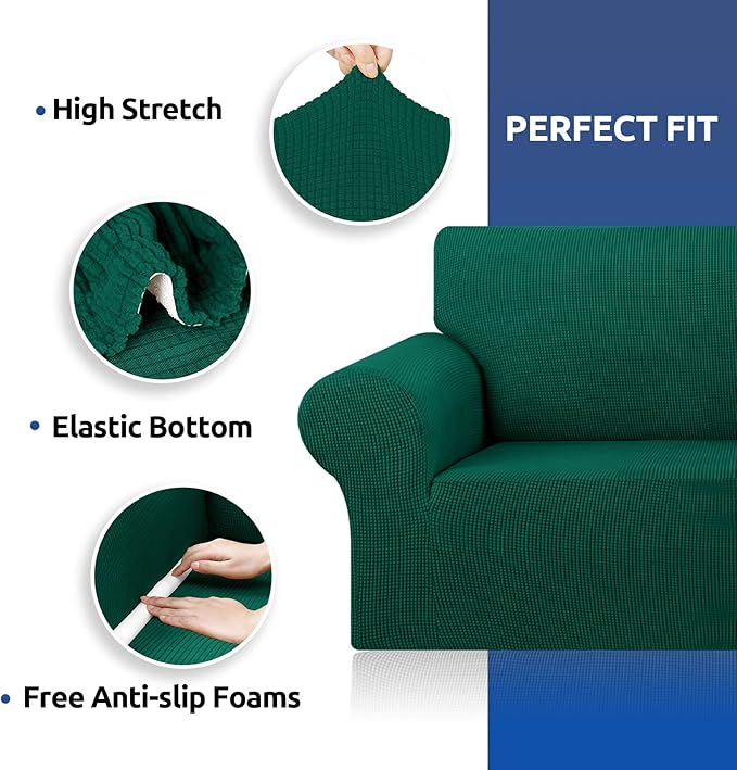 KEKUOU Stretch Sofa Cover Slipcover ，Couch Covers for 3 Cushion Couch Sofa pet Friendly (78"-94") Furniture Protector Sofa with Elastic Bottom for Kids,Dog, Jacquard Small Checked(Large,Hunter)