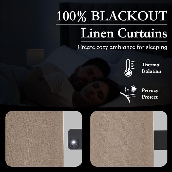 RYB HOME 100% Blackout Flax Linen Curtains 90 Inch Long, Light Block and Thermal Insulated Drapes, Total Blackout Curtains for Living Room/Bedroom/Nursery, 2 Panels, 52 Inch Wide, Mocha