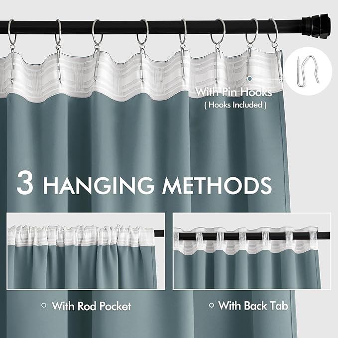 MIULEE Greyish Blue Back Tab Blackout Curtains 63 Inch Length 2 Panels Set for Living Room Bedroom Privacy, Rod Pocket/Pinch Pleat Thermal Insulated Room Darkening Pleated Light Blocking Drapes