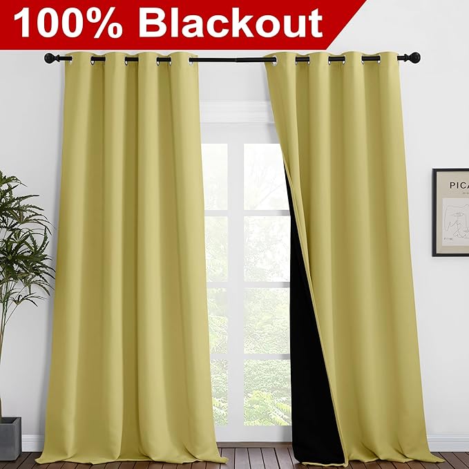 NICETOWN 100% Blackout Blinds, Laundry Room Decor Window Treatment Curtains for Large Patio Sliding Door, Thermal Insulated Paler Yellow Curtains for Bedroom, Set of 2, 52 inches x 108 inches