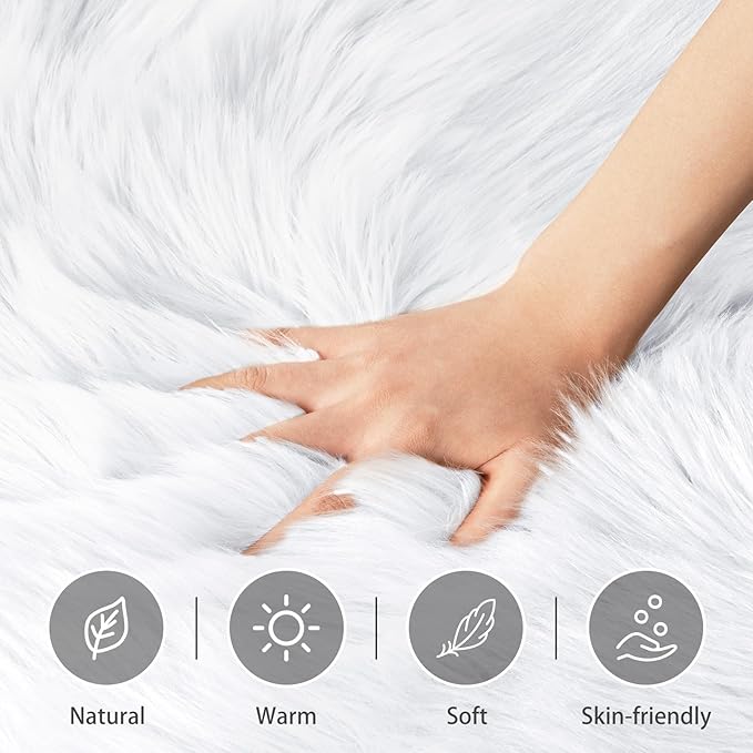 Ciicool White Faux Fur Rug 8 x 10 Feet, Large Fluffy Carpet, Faux Fur Sheepskin Rugs for Living Room, Shaggy Washable Rug for Bedroom, Luxury Room Decor, Fuzzy Rugs, Rectangle