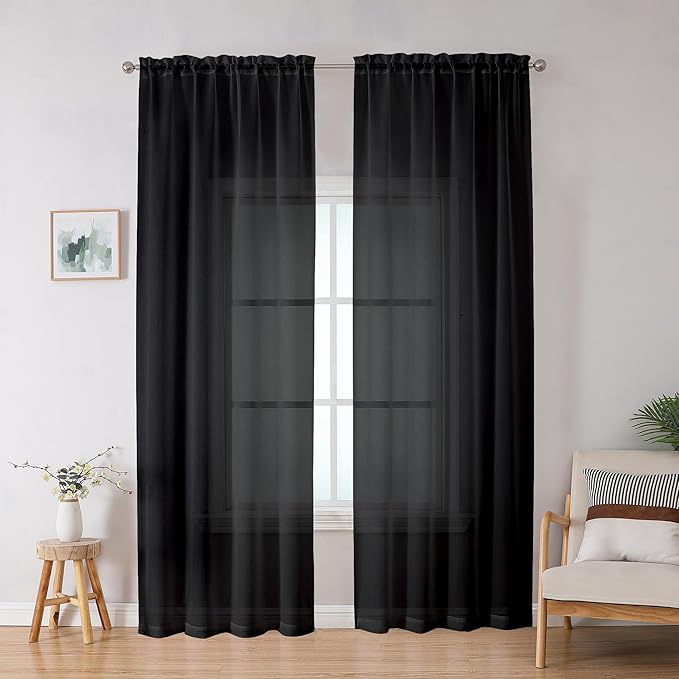 OWENIE Black Sheer Curtains, Sheer Curtains 78 inch Length 2 Panels Set, Rod Pocket Voile Fimly Sheer Drapes for Living Room/Bedroom, 2pcs, Each 42" W x 78" L, Black